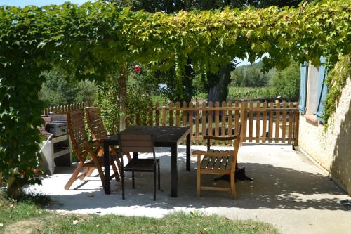une table et des chaises sous une arche avec des raisins dans l'établissement Gite au Lac du Gouyre, à Puygaillard-de-Quercy