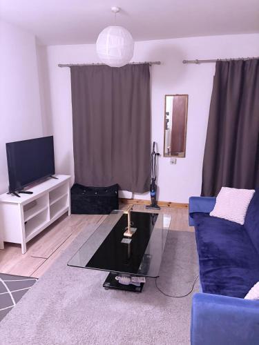 a living room with a blue couch and a tv at Cozy flat in High Wycombe