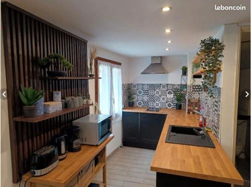 a kitchen with a counter with a sink and a counter top at Maison à colombage dans cour privée avec jardin sur les remparts du village in Bergheim