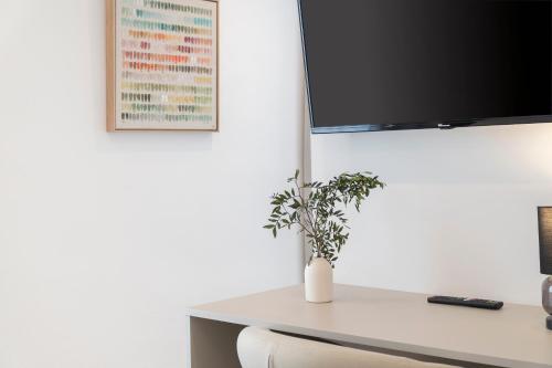 a desk with a tv and a plant on it at La Caleta QE Hotels in Cádiz