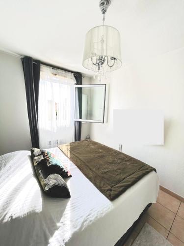 - une chambre avec un grand lit et un lustre dans l'établissement Le Nicol's-PISCINE-PARKING-WIFi, à Béziers