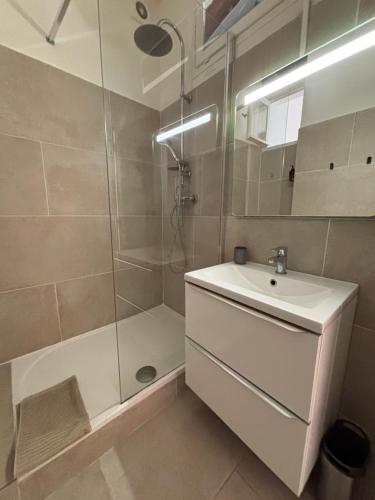 une salle de bain avec une douche, un lavabo et une baignoire dans l'établissement Appartement 2 chambres-Vue imprenable sur la Cathédrale-Wifi, à Béziers