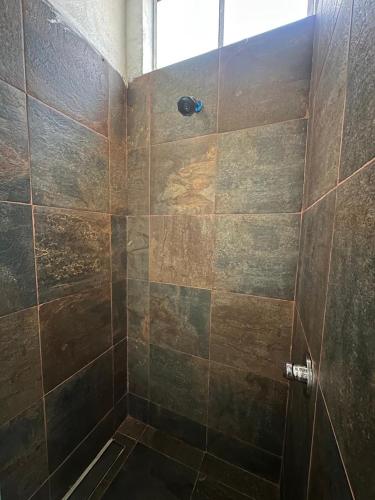 a bathroom with a shower with a glass door at Cabaña de Vidrio en el Bosque in Pahuatlán del Valle