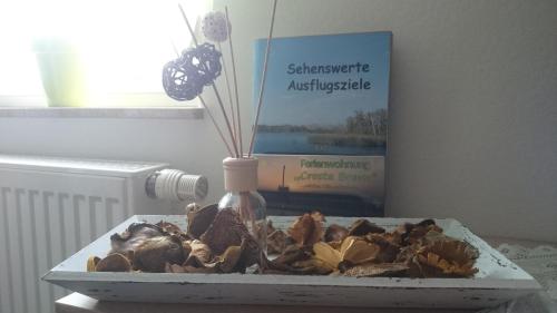 a vase sitting on a table next to a book at Crosta Brava in Großdubrau