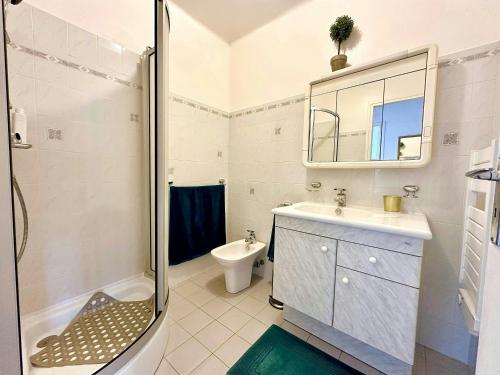 une salle de bain avec un lavabo, une douche et des toilettes dans l'établissement Nice 1 bedroom, sea view, 10 min from Cannes Center & Palais des Festivals, à Cannes