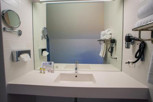 a bathroom with a sink and a mirror at L'Hôtel et Restaurant du Golf de Clervaux in Eselborn