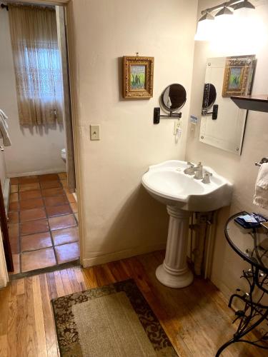 a bathroom with a sink and a shower at Casa de Tres Lunas/House of Three Moons in Santa Fe