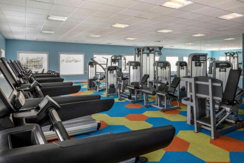 a gym with rows of tread machines on a colorful carpet at Marriott's Harbour Lake in Orlando