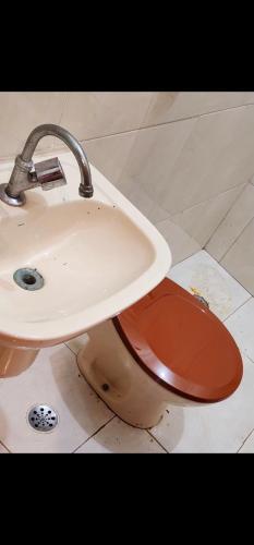 une salle de bain avec un lavabo et des toilettes dans l'établissement Mansão City Quarto Privativo, à Osasco