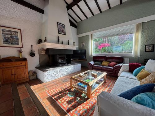 un salon avec un canapé et une cheminée dans l'établissement Grande maison basque avec terrasse et parking à Ciboure - FR-1-239-1113, à Ciboure