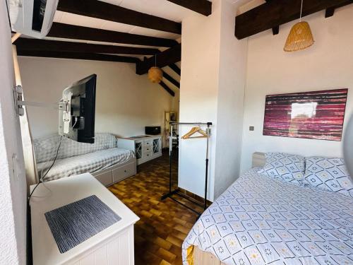 Cette chambre de 2 lits dispose d'une télévision et d'un lit. dans l'établissement Studio charmant à Collioure - Résidence sécurisée - FR-1-309-505, à Collioure