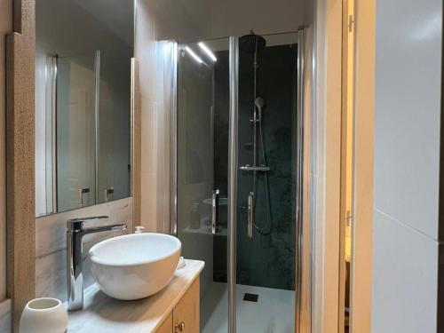 a bathroom with a white sink and a shower at Studio de charme climatisé centre de Pézenas, animaux admis - FR-1-607-212 in Pézenas