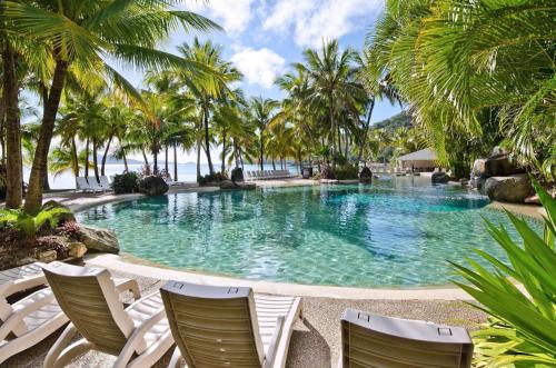 a pool with chairs and palm trees on the beach at Beachfront Hamilton Island in Hamilton Island