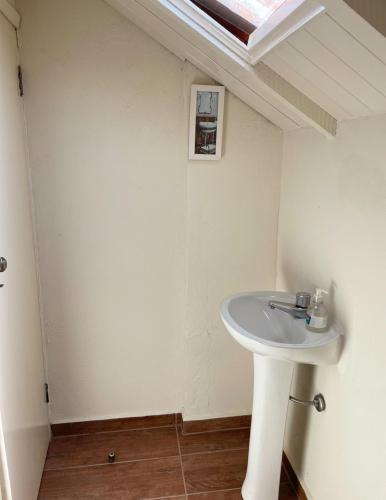 a bathroom with a white sink and a skylight at A Cabana in Campos do Jordão
