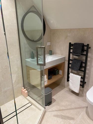 a bathroom with a shower and a sink and a mirror at Wilden Apartments in Queenstown