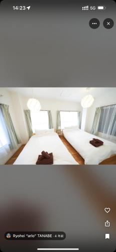 two beds in a room with two windows at househotel上野 入谷 in Tokyo