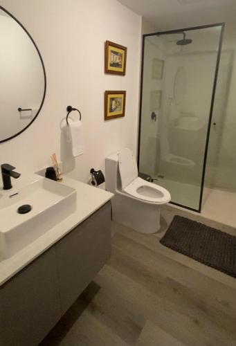 a bathroom with a sink and a toilet and a mirror at Apartamento en Barrio Escalante in San José
