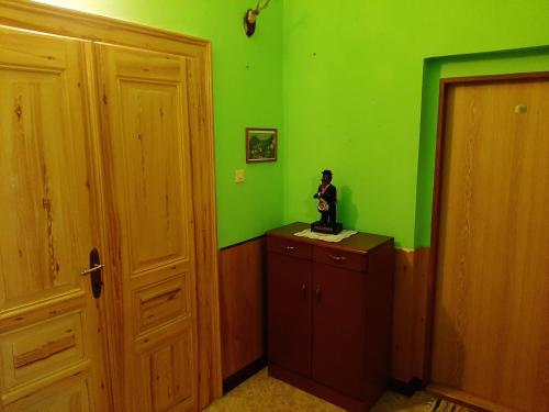 a room with green walls and a wooden door at Apartmán U Bartoloměje in Verneřice