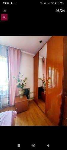 a room with a bed and a window with a potted plant at Хижина дяди Толи in Bishkek