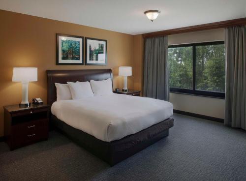 a hotel room with a bed and a large window at DoubleTree Suites by Hilton Bentonville in Bentonville