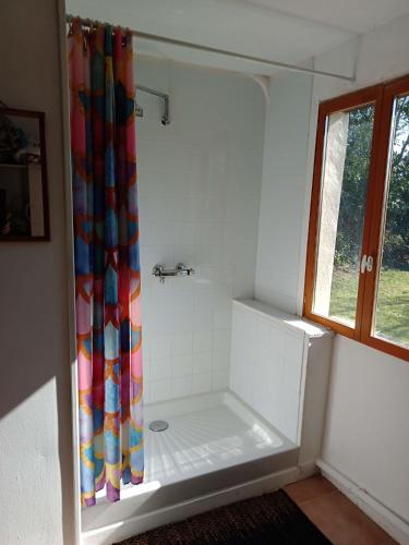 a bathroom with a shower with a colorful shower curtain at Rustic cottage full of charm for the perfect getaway in Normandy in Pontfarcy