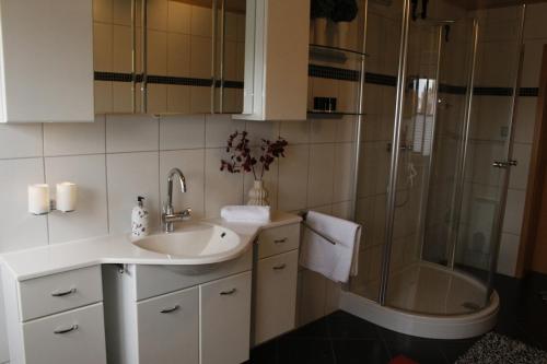 a bathroom with a sink and a shower at Ferienhaus Johanna in Breitenbach
