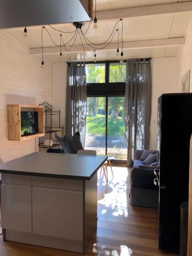 une cuisine et un salon avec une table et des chaises dans l'établissement Gite en plein coeur de la Lozère Chalet 2, à Banassac