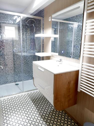 La salle de bains est pourvue d'un lavabo et d'une douche avec une porte en verre. dans l'établissement Gite en plein coeur de la Lozère Chalet 2, à Banassac