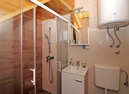 y baño con ducha, aseo y lavamanos. en Apartments Solitudo, en Dubrovnik