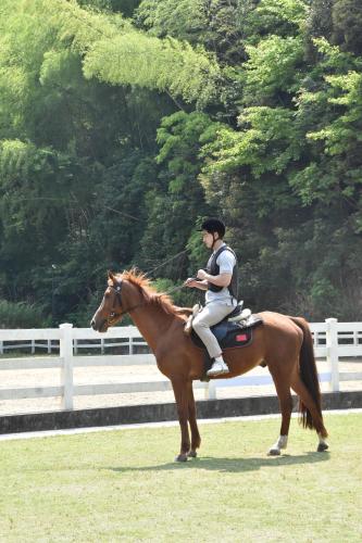 a man riding on the back of a brown horse at AHN LAN Ninghai in Ninghai