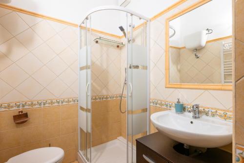 a bathroom with a shower and a sink and a toilet at Su Cilleri e Silbiu in Baunei