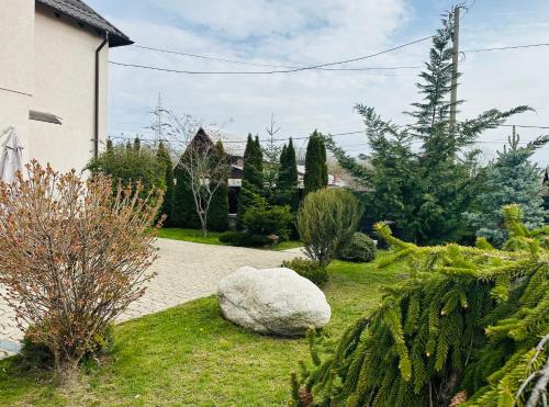 a garden with a rock in the grass at Casa Pisica Noastra in Breaza