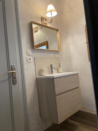 une salle de bain avec un lavabo et un miroir dans l'établissement Au cœur de l'Alsace, à Turckheim