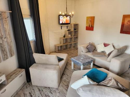 a living room with two couches and a tv at Spa Apartment Family Belgrad in Brestovik