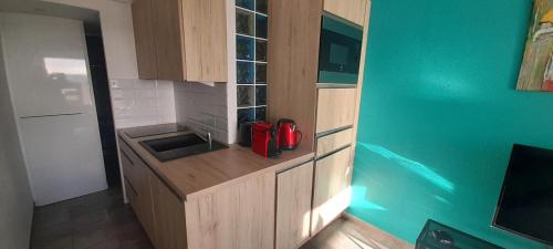 une cuisine avec un évier et un plan de travail dans l'établissement Appartement 78, PORT NATURE colline 2 au village naturiste, au Cap d'Agde