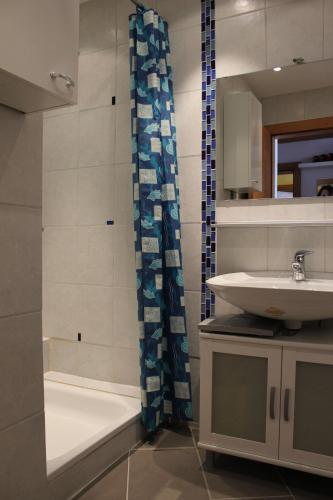 a bathroom with a sink and a shower curtain at Appartement Ginschel in Altenmarkt im Pongau