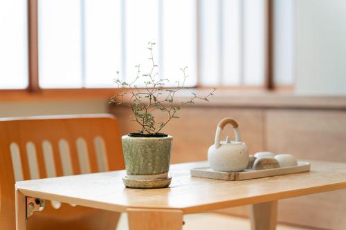 a table with a potted plant on top of it at Solvana Akasaka in Tokyo
