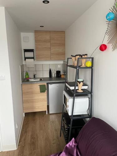 Cette petite chambre dispose d'une cuisine avec un comptoir. dans l'établissement Studio fonctionnel, à La Celle-sous-Gouzon
