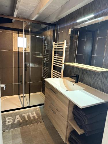 une salle de bain avec un lavabo et une douche en verre dans l'établissement Superbe logement 5 places Chalet 5, à Banassac