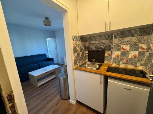 une cuisine avec un évier et un canapé dans une chambre dans l'établissement studio neuf Palais des Congrès Porte Maillot 20, à Levallois-Perret