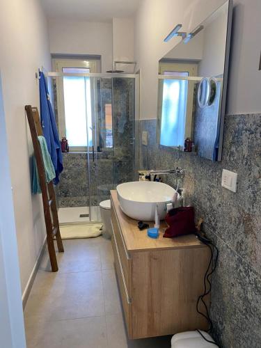 a bathroom with a sink and a shower at Villa Rosa in Diamante