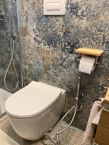 a bathroom with a toilet and a shower at Villa Rosa in Diamante