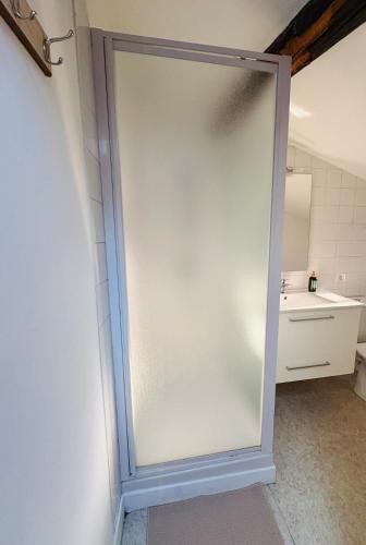 La salle de bains est pourvue d'un lavabo et d'une porte coulissante en verre. dans l'établissement Appartement Proche Place Soult l 2 CH l Climatisé, à Castres