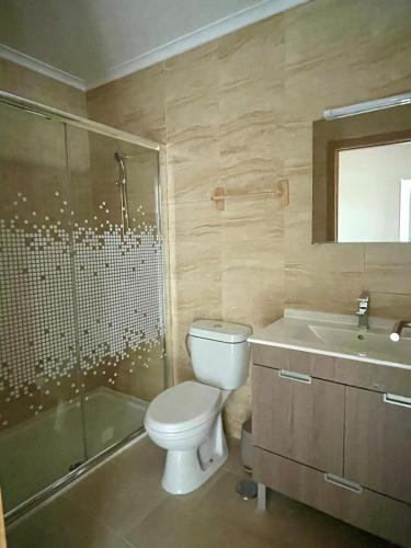a bathroom with a toilet and a shower and a sink at Casa do Padeiro - Sintra Country Cottages II in Montelavar