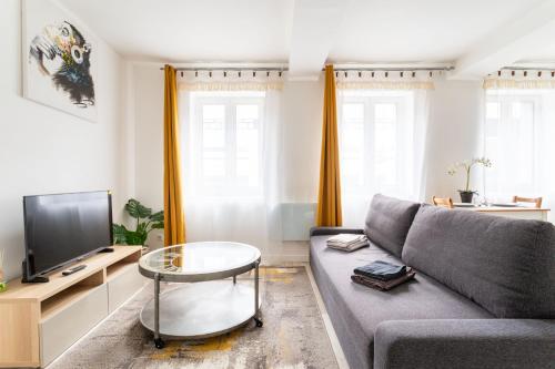 un salon avec un canapé et une télévision dans l'établissement Studio Cosy - Centre & Gare à pied, à Douai