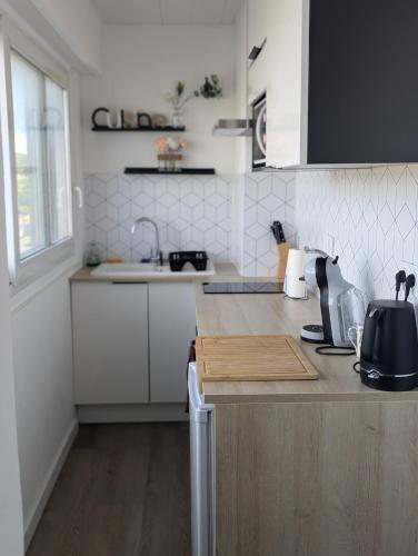 une cuisine avec un évier et un plan de travail dans l'établissement Appartement vue mer toute commodité, à La Seyne-sur-Mer