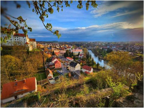 a town on a hill next to a river at Urlaubsresidenz Schlossblick in Colditz