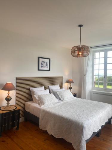 une chambre avec un grand lit et une fenêtre dans l'établissement Domaine de Cazal - Gîte 2 pers avec piscine au cœur de 26 hectares de nature préservée, à Saint-Cyprien