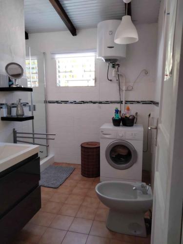 a bathroom with a toilet and a washing machine at La perle de corail in Anse-Bertrand