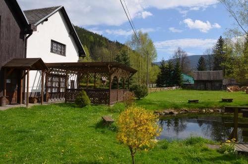 a house with a pond in the yard at Penzion Richard in Bělá pod Pradědem
